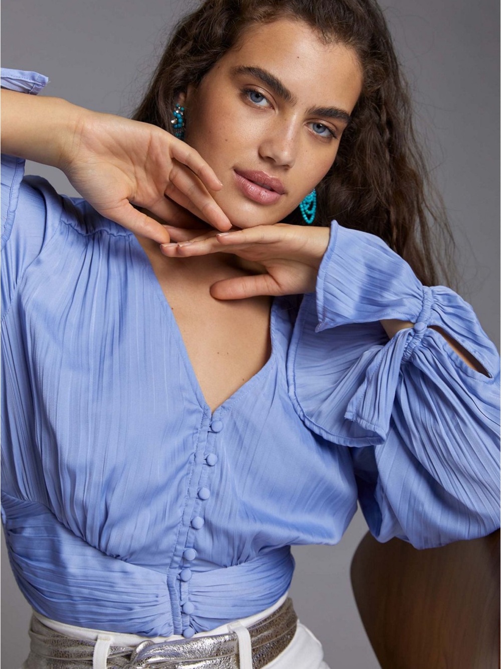 Anthropologie Periwinkle Pleated V-Neck Tie-Slee Blouse